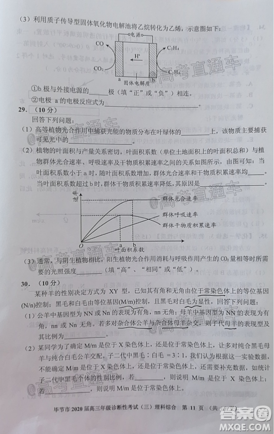 畢節(jié)市2020屆高三年級診斷性考試三理科綜合試題及答案