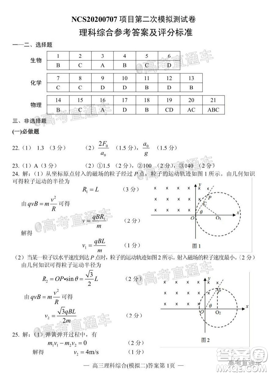 2020年南昌二模理科綜合試題及答案