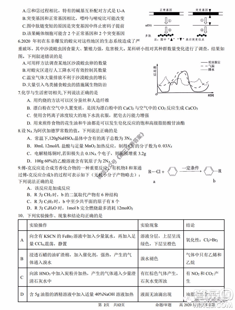 成都石室中學高2020屆高三三診模擬考試理科綜合試題及答案