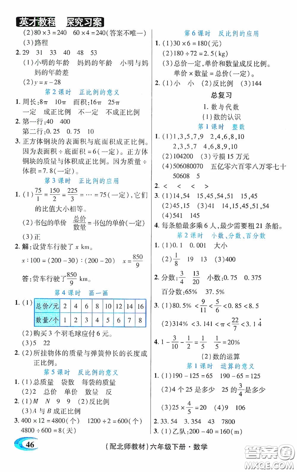 新世紀(jì)英才英才教程2020探究習(xí)案課時(shí)精練六年級(jí)數(shù)學(xué)下冊(cè)北師大版答案