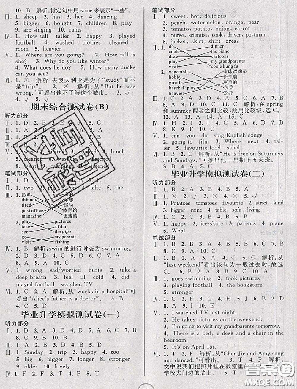 浙江大學(xué)出版社2020春浙江名卷六年級英語下冊人教版答案