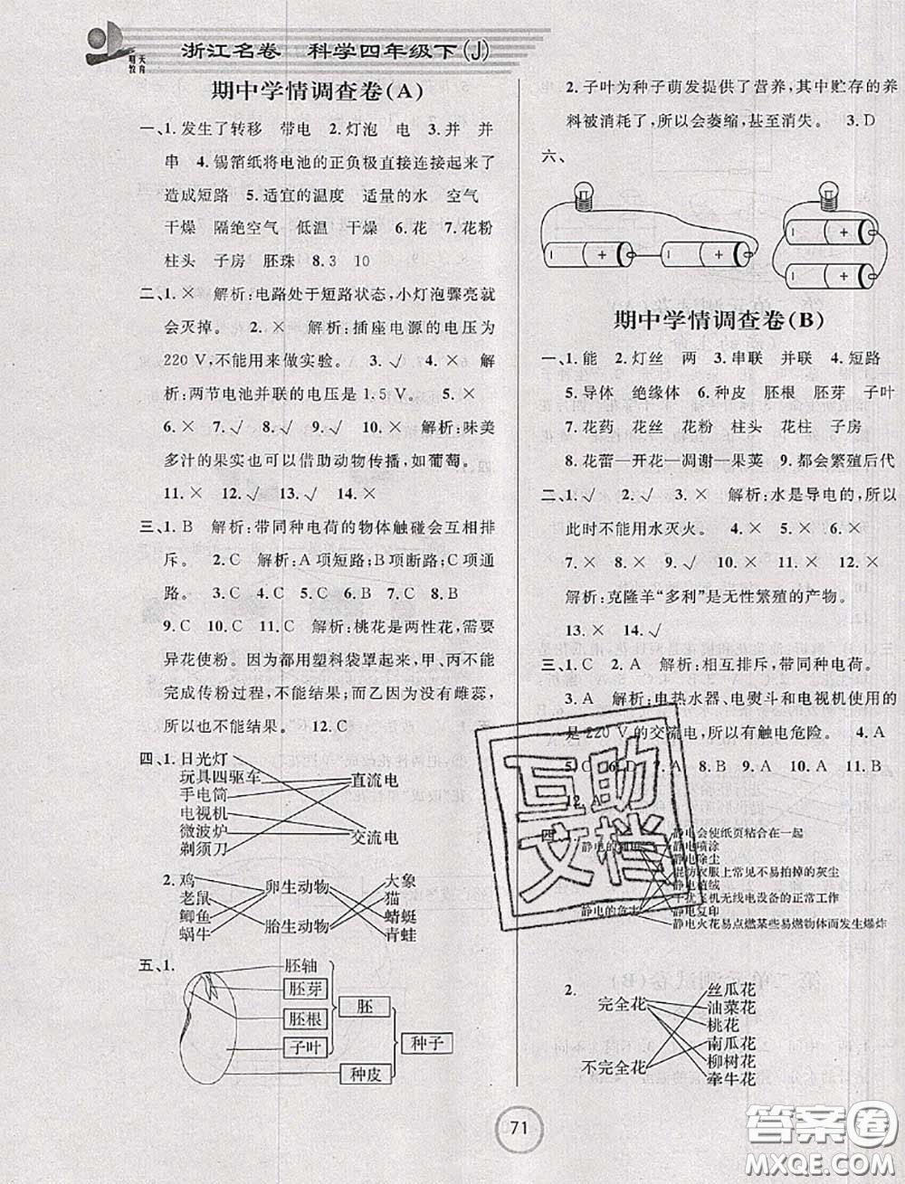 浙江大學(xué)出版社2020春浙江名卷四年級科學(xué)下冊教科版答案