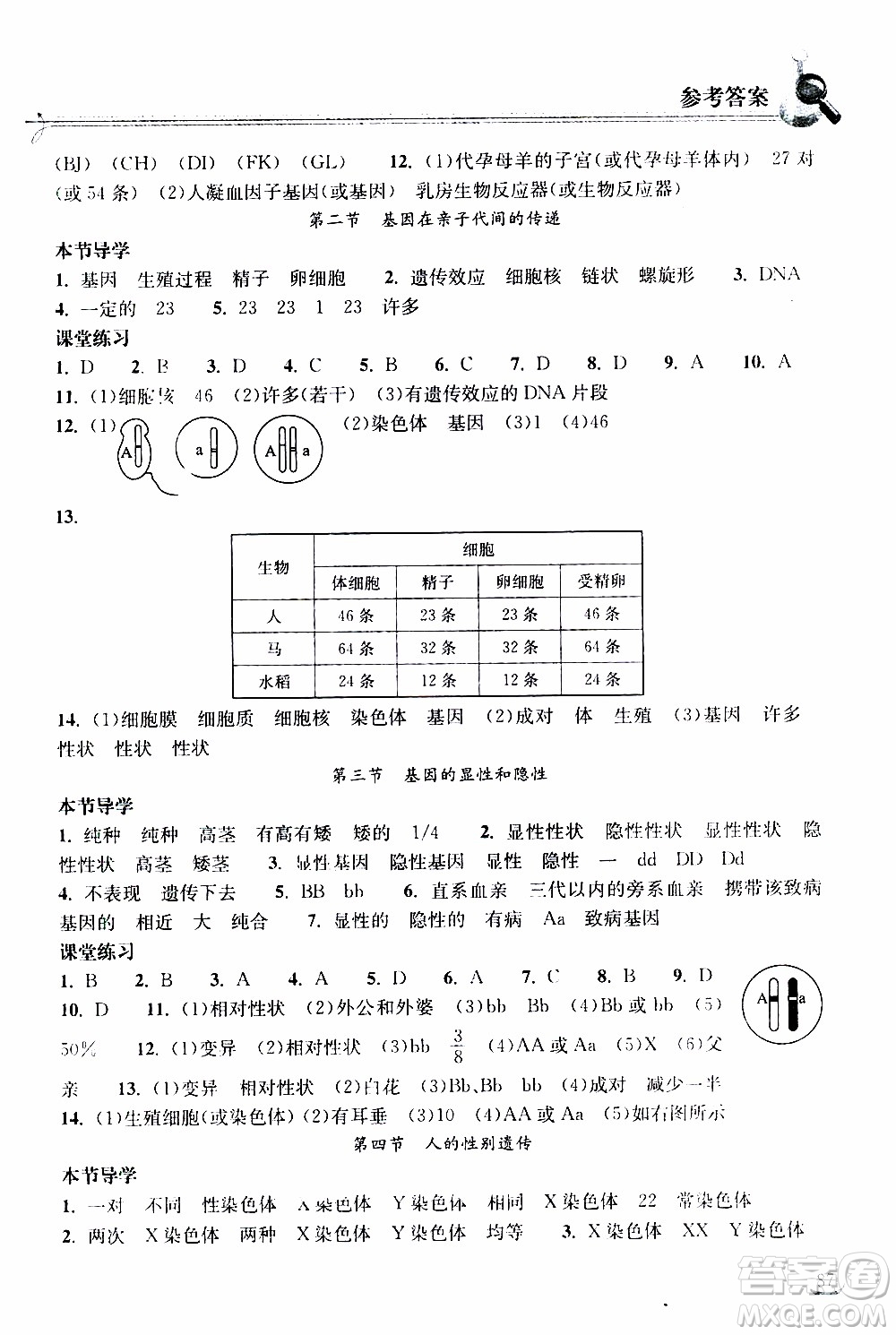 2020年長江作業(yè)本同步練習(xí)生物學(xué)八年級(jí)下冊(cè)人教版參考答案