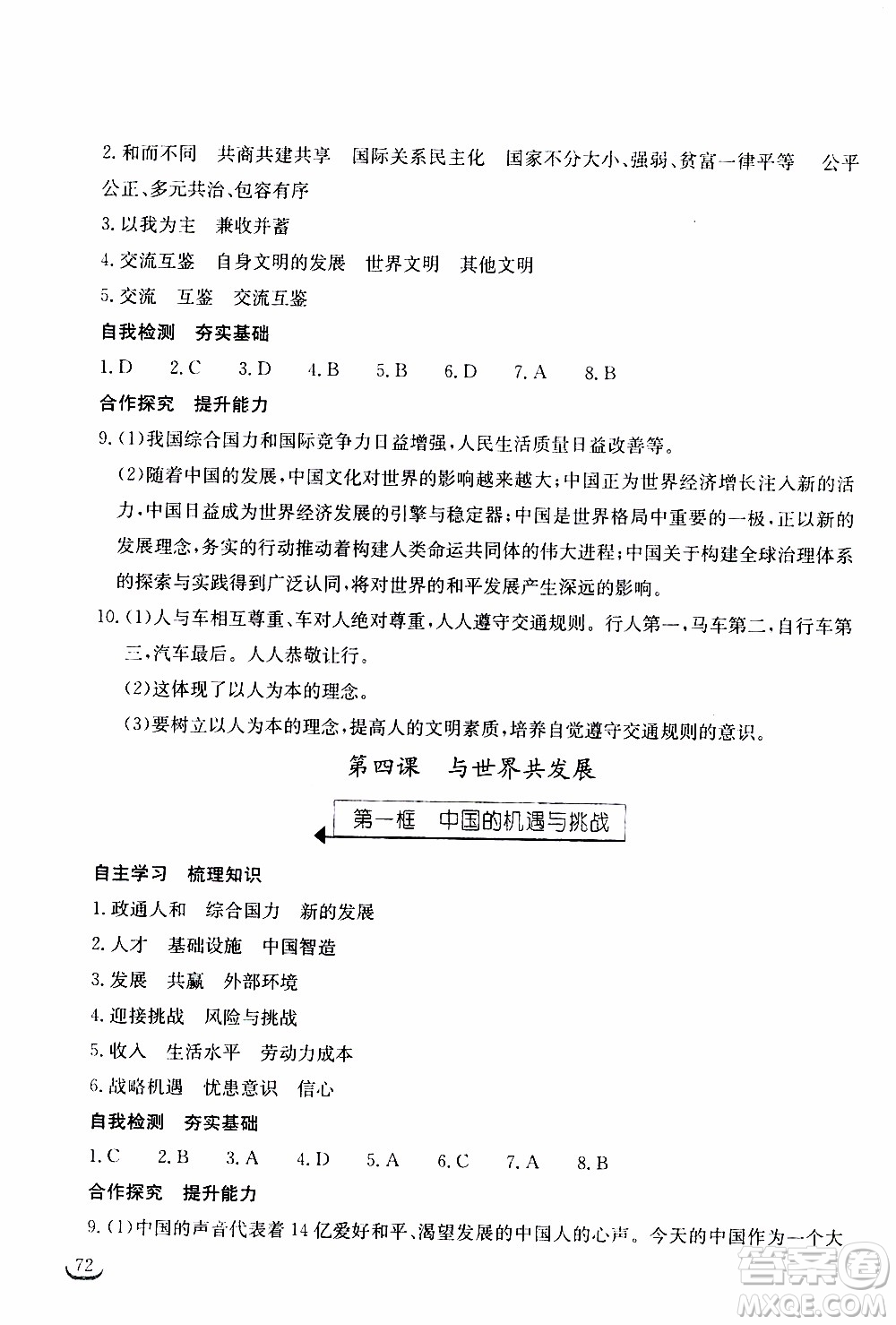 2020年長江作業(yè)本同步練習(xí)道德與法治九年級(jí)下冊(cè)人教版參考答案