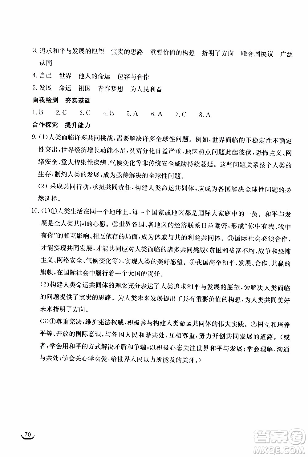 2020年長江作業(yè)本同步練習(xí)道德與法治九年級(jí)下冊(cè)人教版參考答案