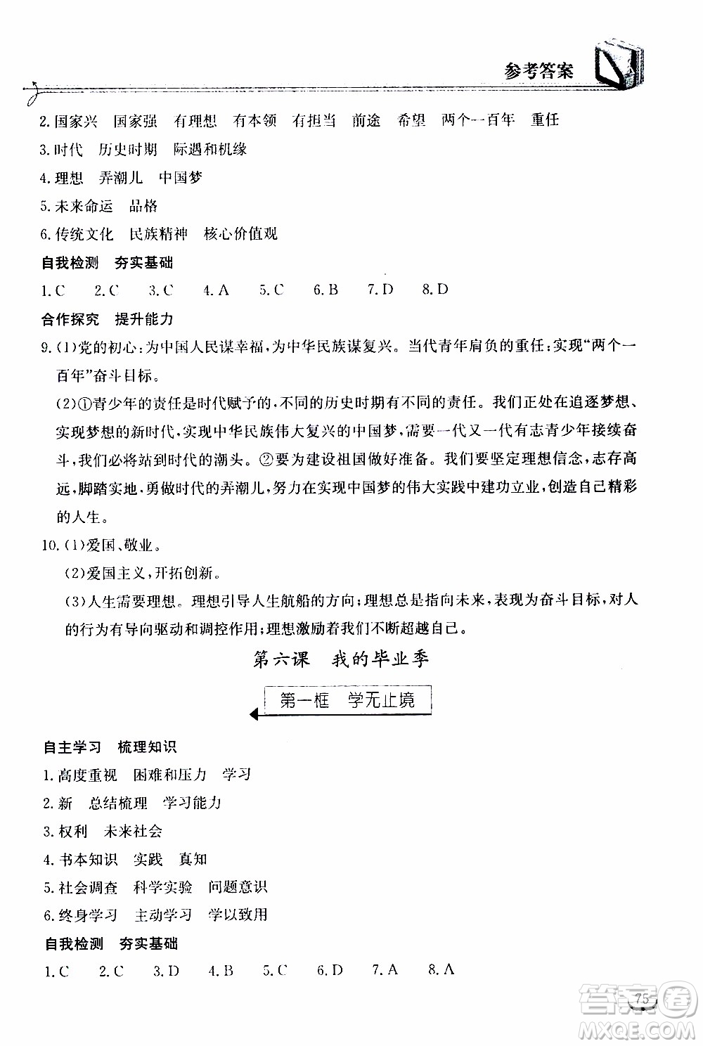 2020年長江作業(yè)本同步練習(xí)道德與法治九年級(jí)下冊(cè)人教版參考答案