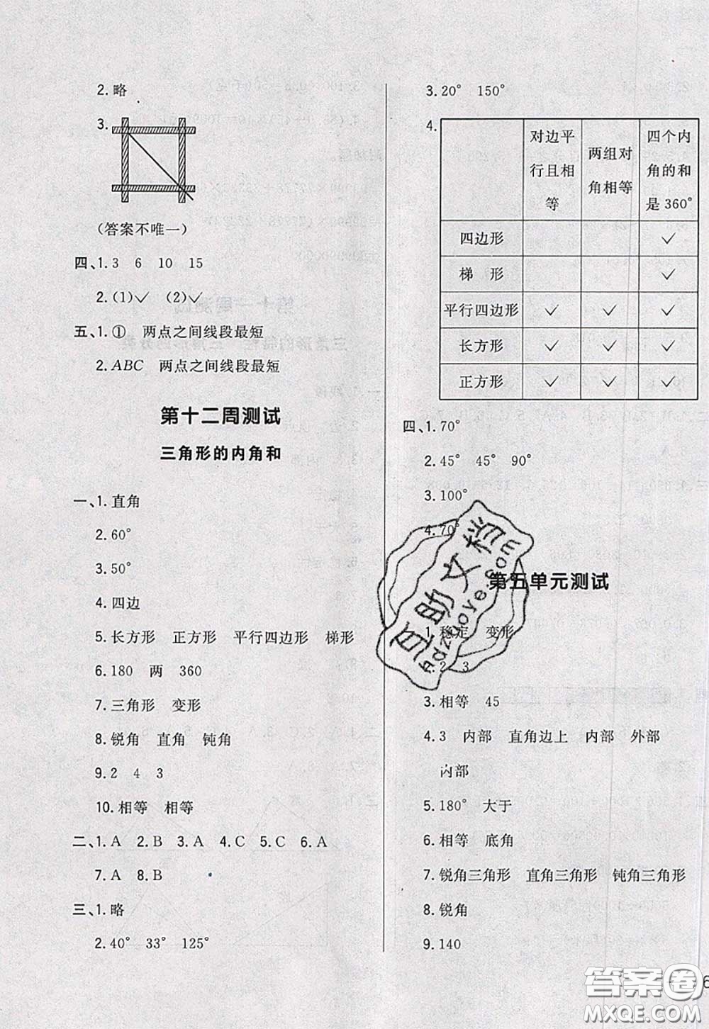 2020新版悅然好學生周周測四年級數學下冊人教版答案