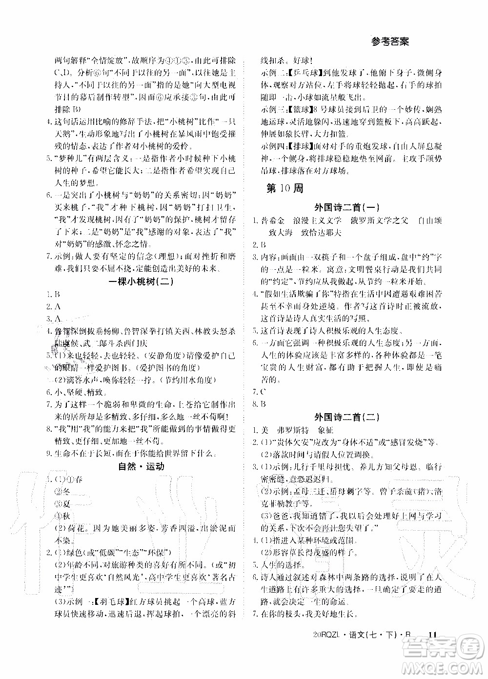 2020年日清周練限時提升卷語文七年級下冊R人教版參考答案