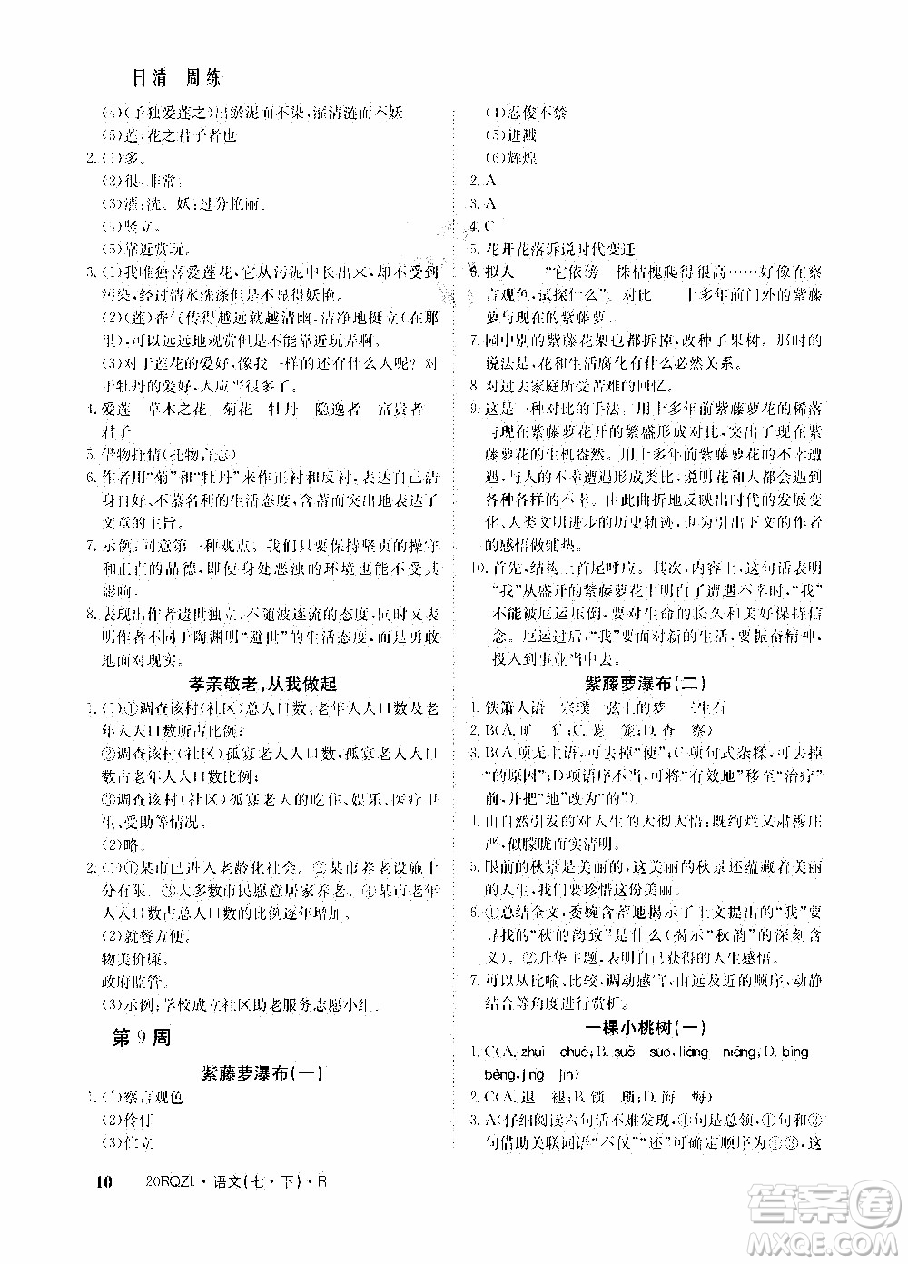 2020年日清周練限時提升卷語文七年級下冊R人教版參考答案