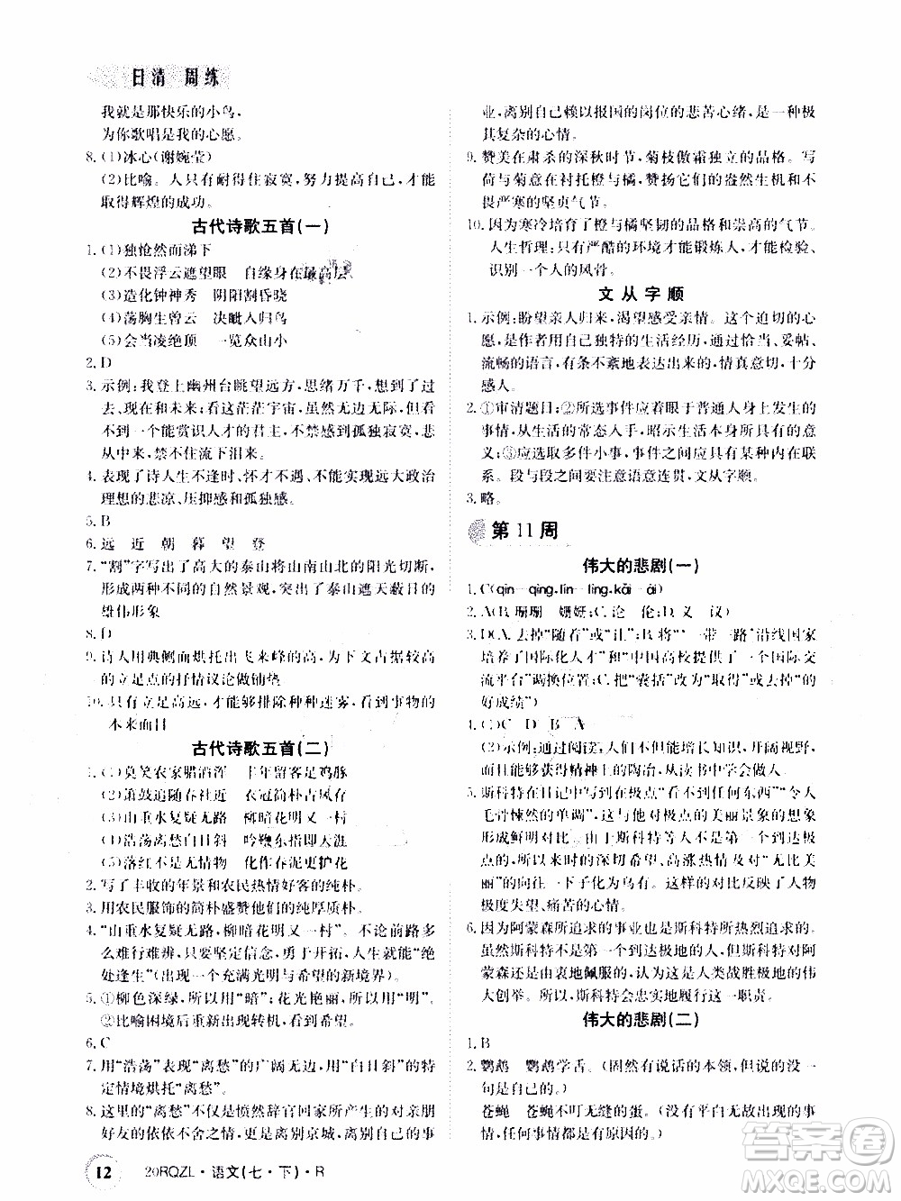 2020年日清周練限時提升卷語文七年級下冊R人教版參考答案