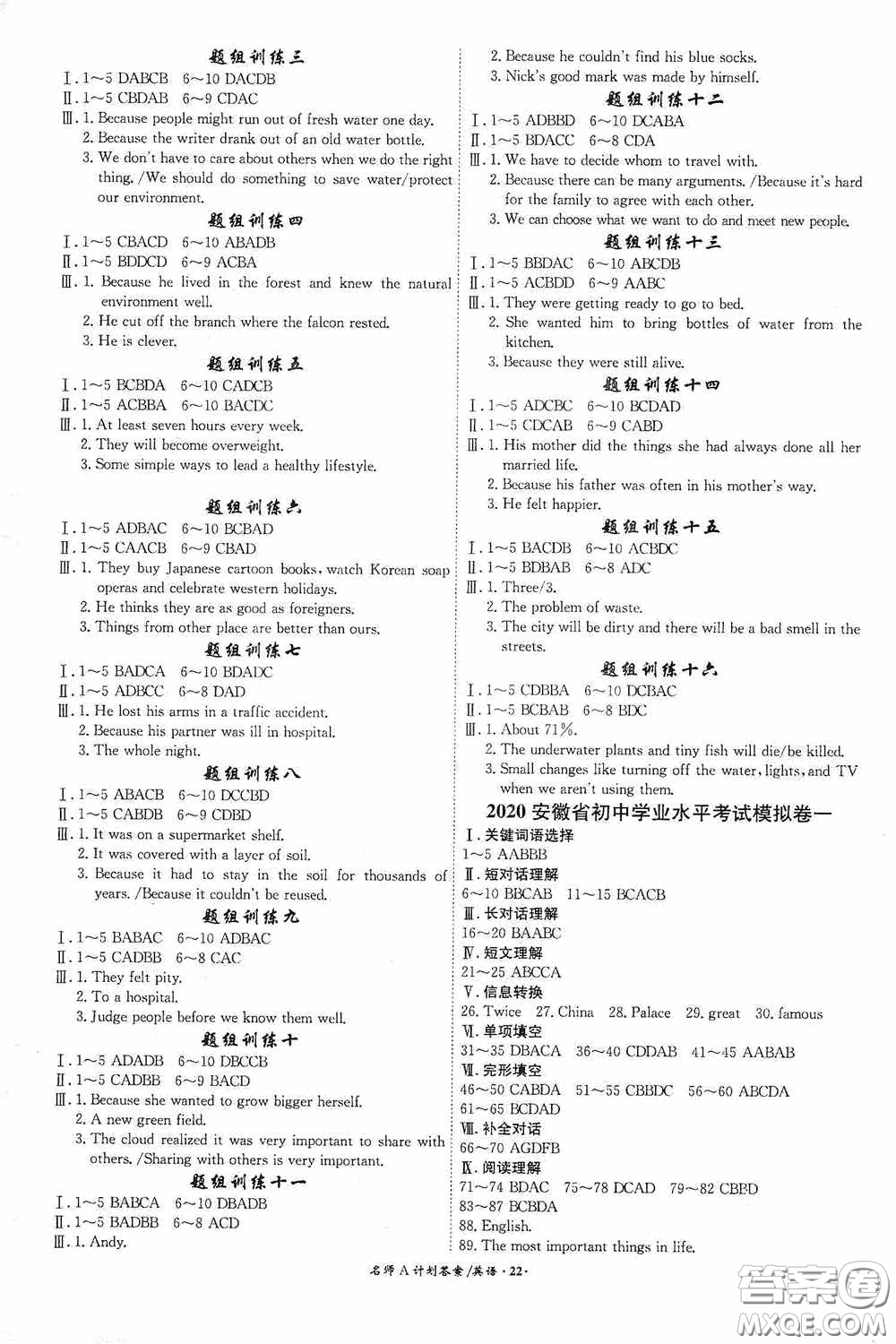 安徽師范大學(xué)出版社2020木牘教育安徽中考總復(fù)習(xí)名師A計(jì)劃英語(yǔ)答案