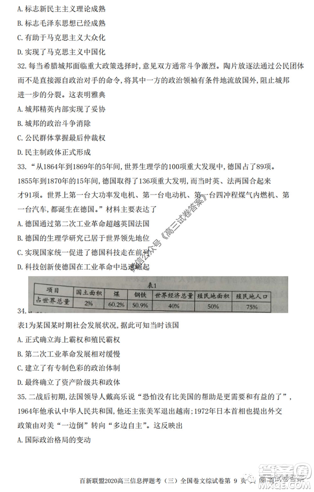 百師聯盟2020屆高三信息押題考三全國卷文科綜合試題及答案