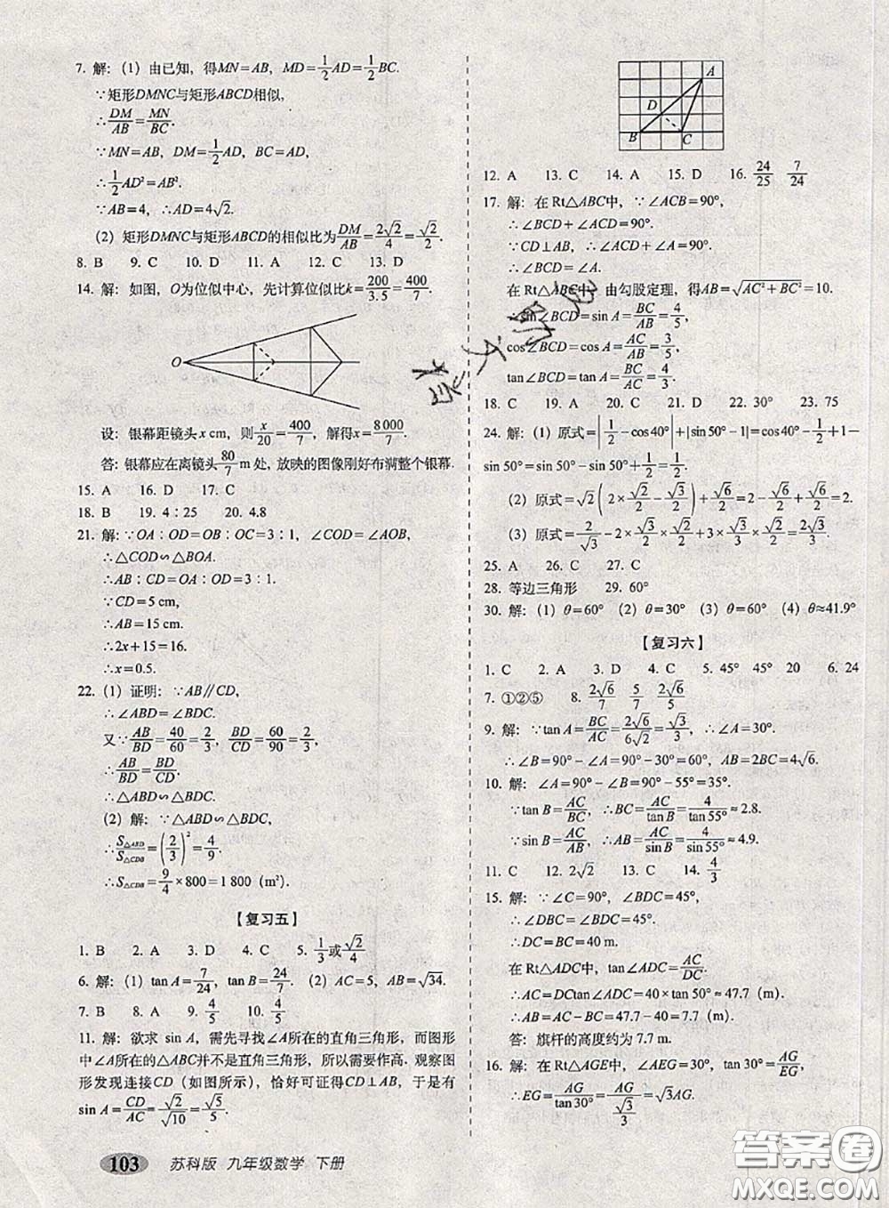 2020春聚能闖關(guān)100分期末復(fù)習(xí)沖刺卷九年級(jí)數(shù)學(xué)下冊(cè)蘇科版答案