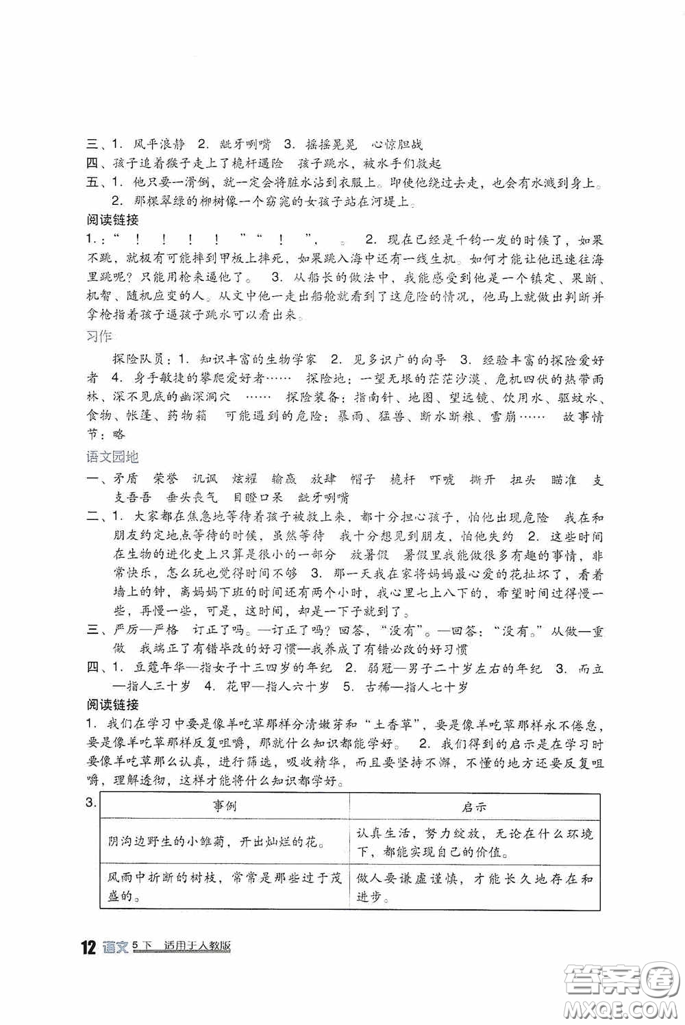 四川教育出版社2020新課標小學(xué)生學(xué)習(xí)實踐園地五年級語文下冊人教版答案