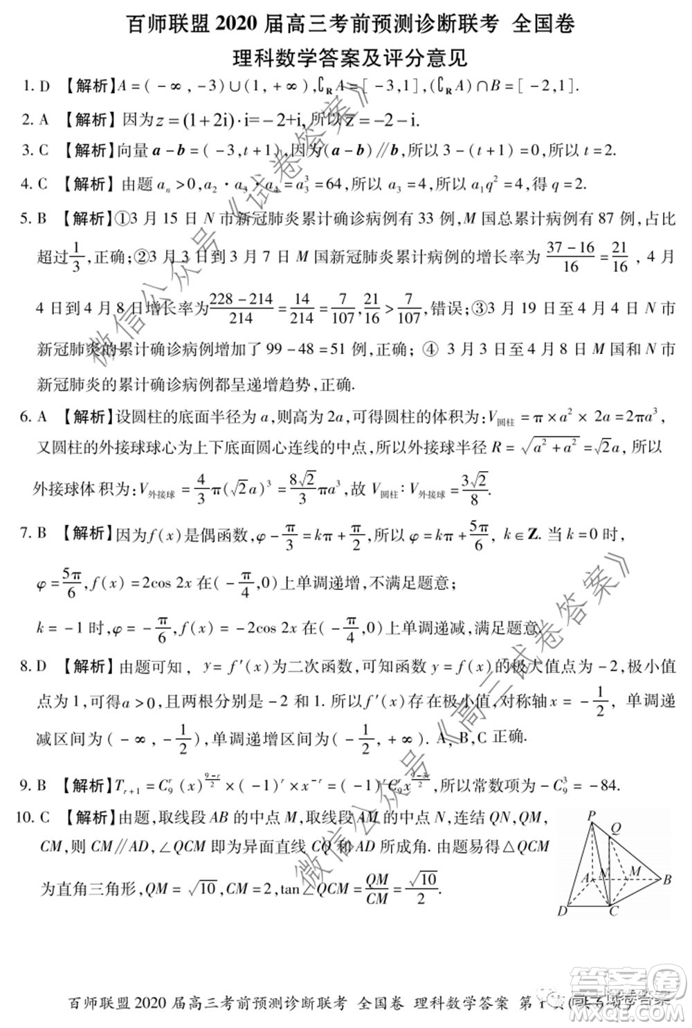 百師聯(lián)盟2020屆高三考前預測診斷性聯(lián)考全國卷一理科數(shù)學試題及答案