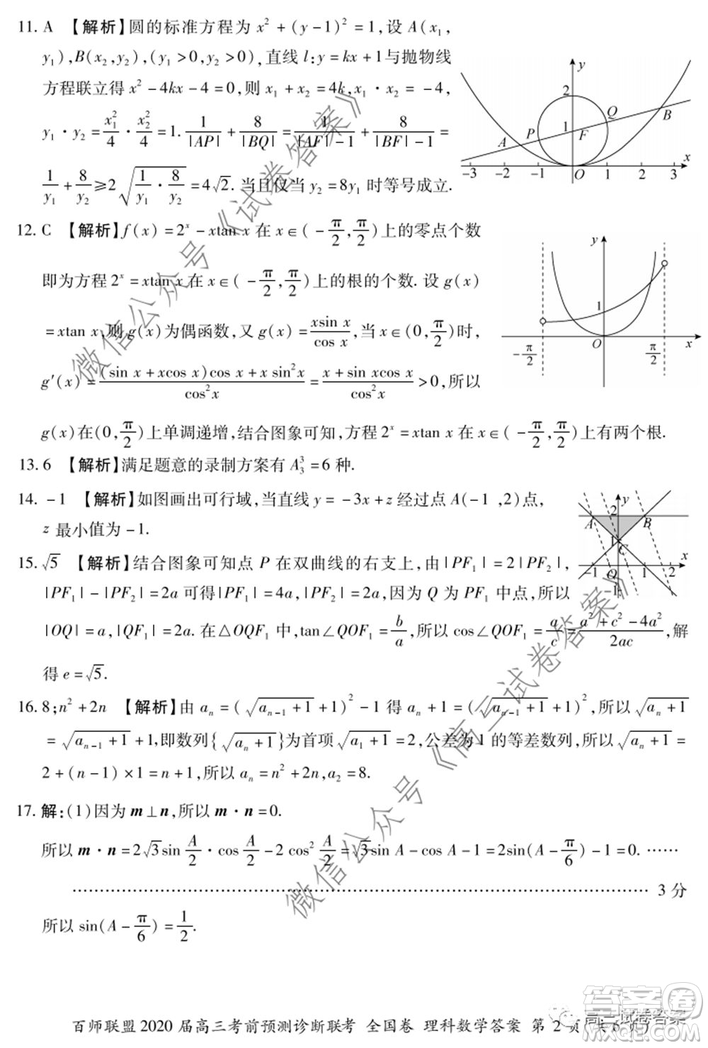 百師聯(lián)盟2020屆高三考前預測診斷性聯(lián)考全國卷一理科數(shù)學試題及答案