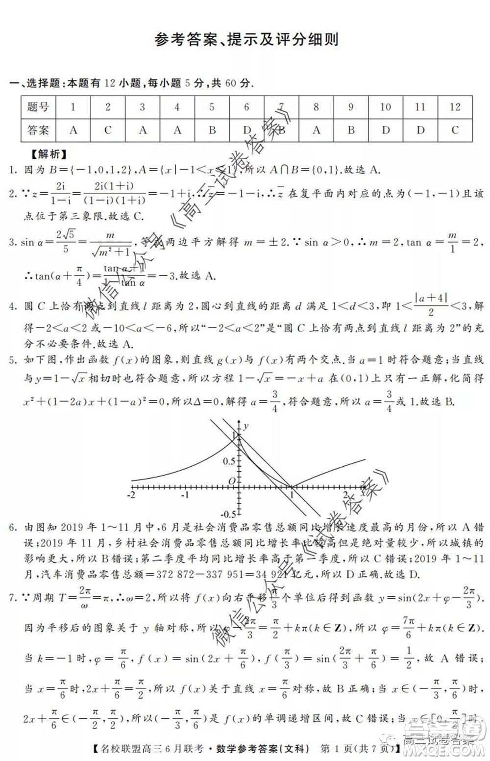 河南省名校聯(lián)盟2020屆高三下學(xué)期6月聯(lián)考文科數(shù)學(xué)試題及答案