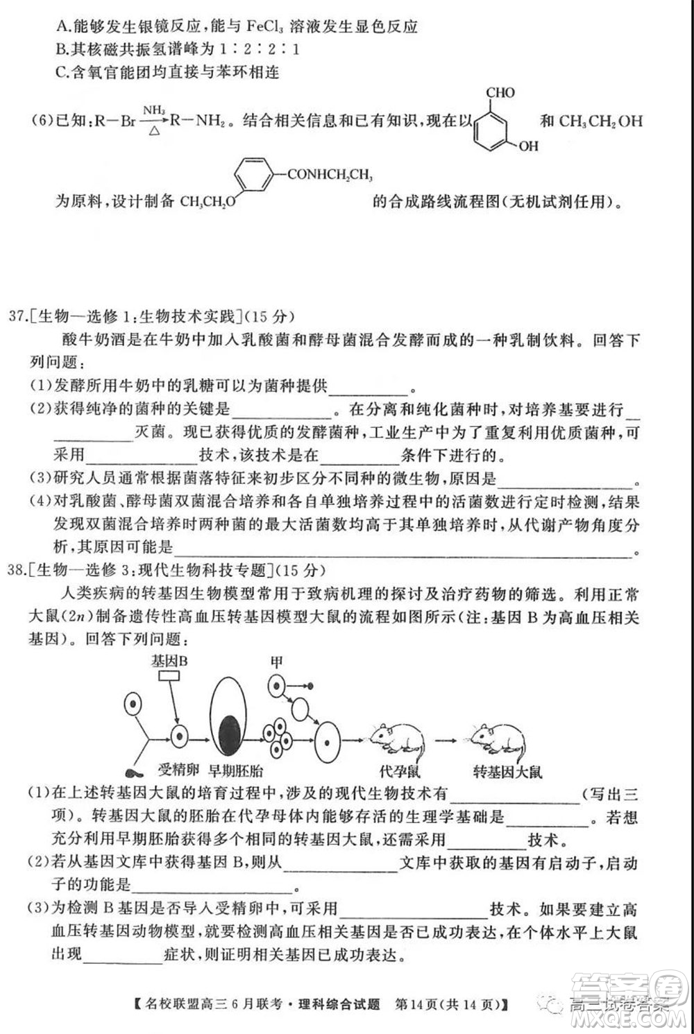 河南省名校聯(lián)盟2020屆高三下學期6月聯(lián)考理科綜合試題及答案