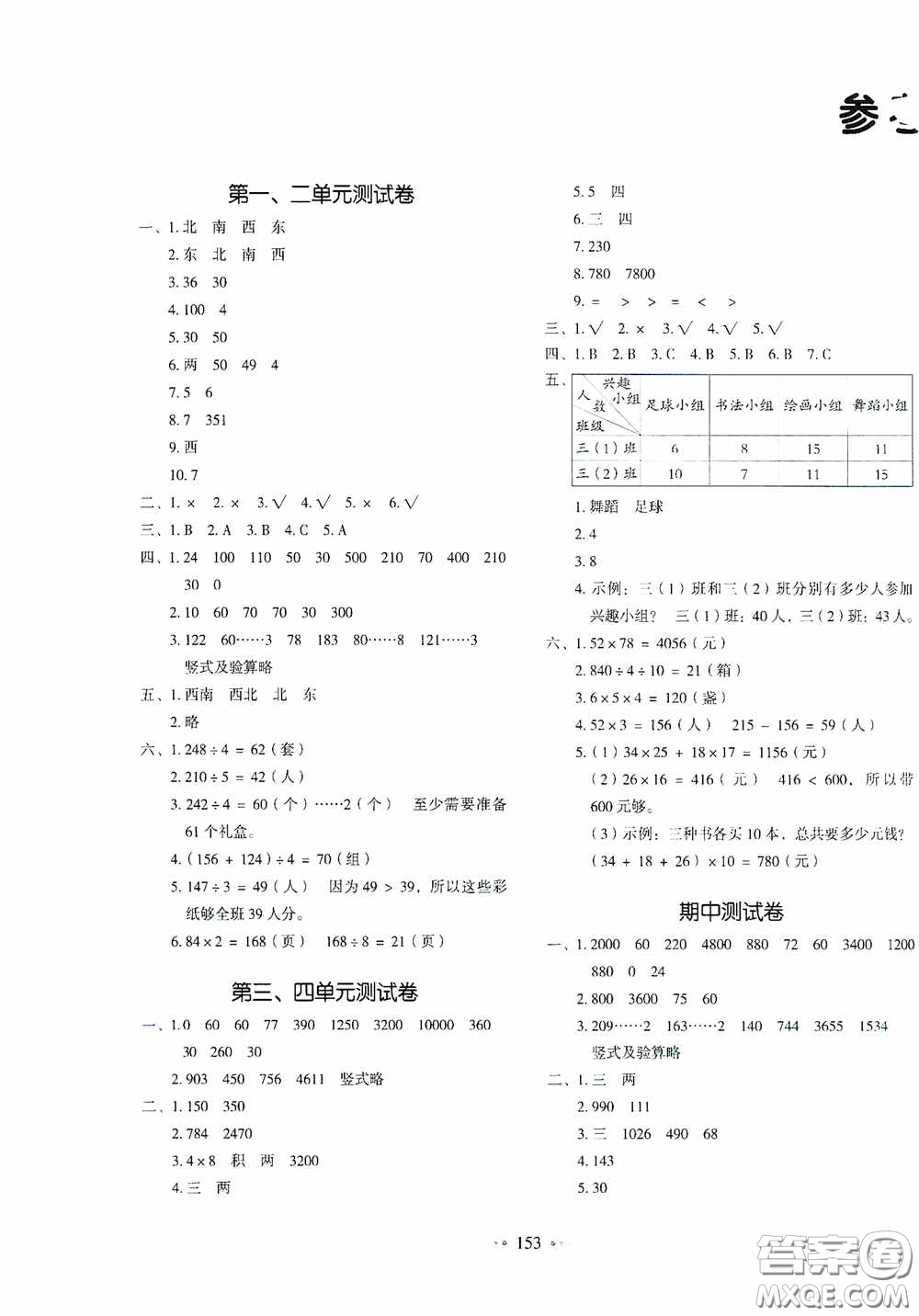 2020一本我愛寫作業(yè)同步測試卷小學(xué)數(shù)學(xué)三年級下冊人教版答案