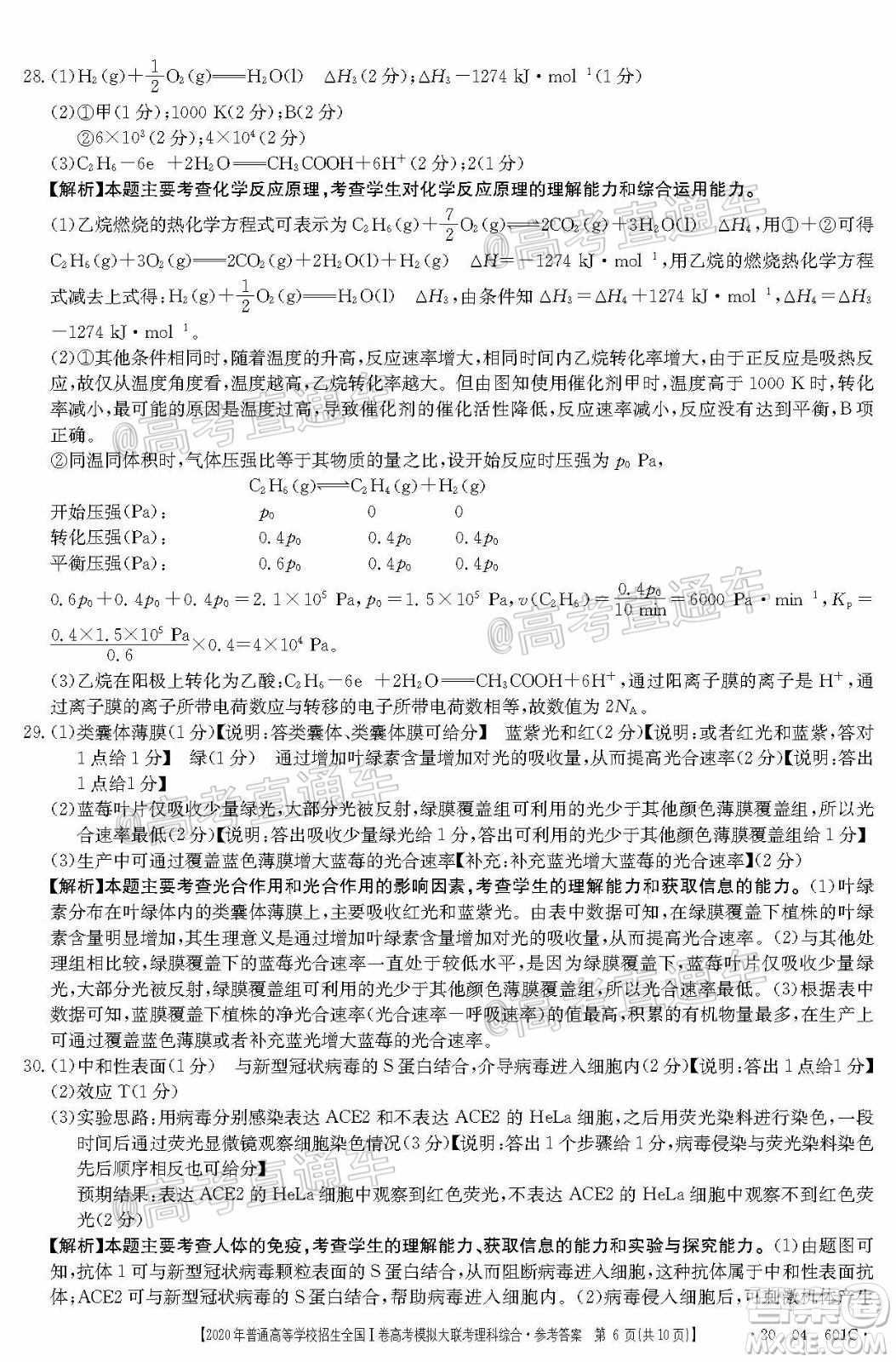 2020年金太陽全國一卷高考模擬大聯(lián)考理科綜合試題及答案