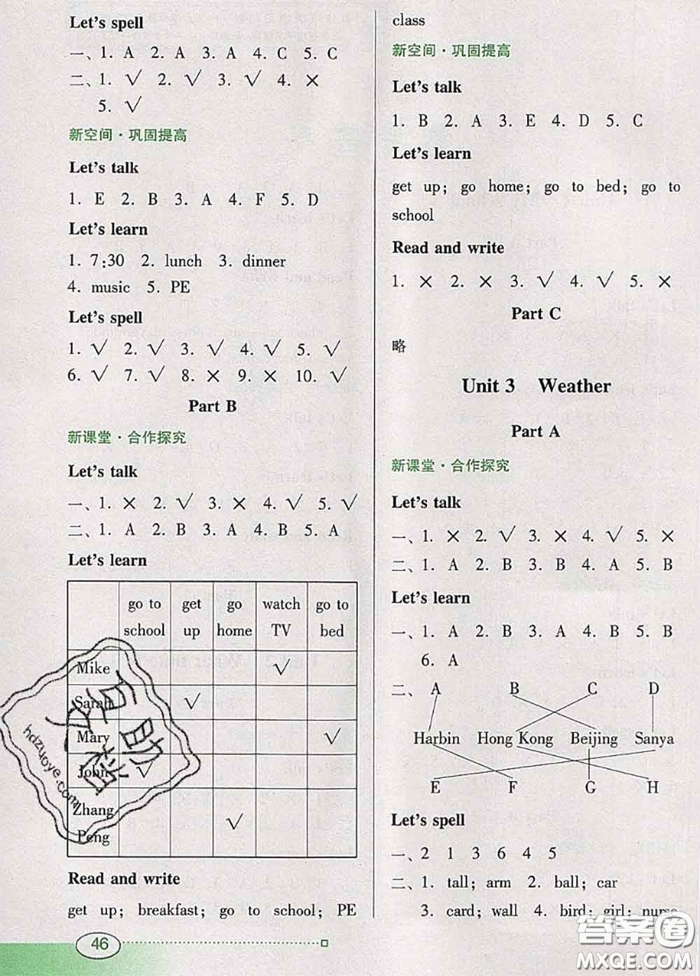 2020新版南方新課堂金牌學案四年級英語下冊人教版答案