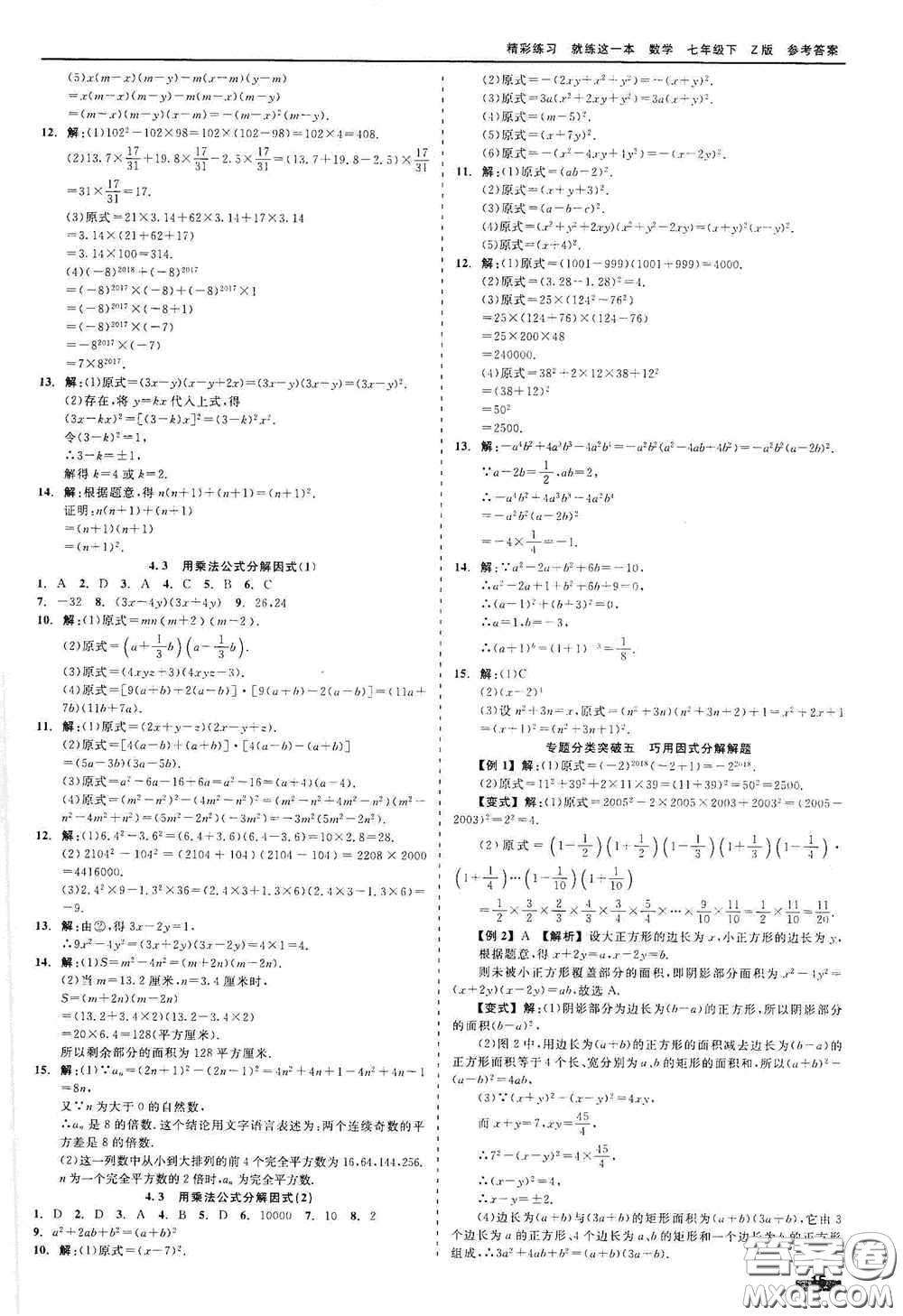 浙江工商大學(xué)出版社2020精彩練習(xí)就練這一本七年級(jí)數(shù)學(xué)下冊(cè)Z版B本答案