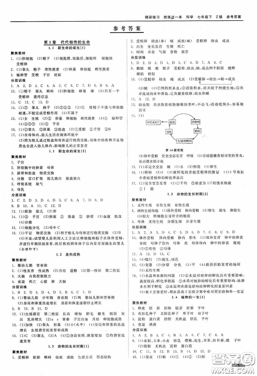 浙江工商大學(xué)出版社2020精彩練習(xí)就練這一本七年級科學(xué)下冊Z版A本答案