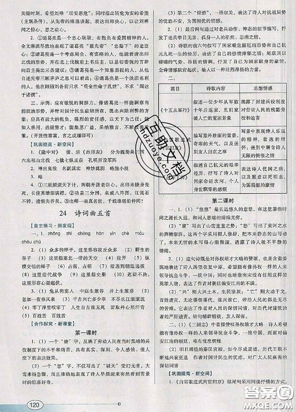 2020新版南方新課堂金牌學(xué)案九年級語文下冊人教版答案