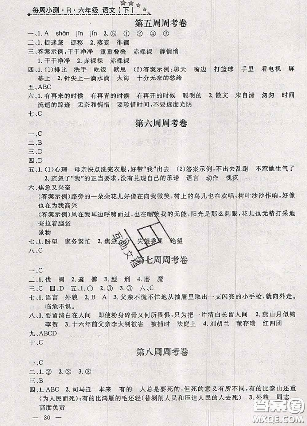 鐘書金牌2020春過關沖刺100分六年級語文下冊人教版答案