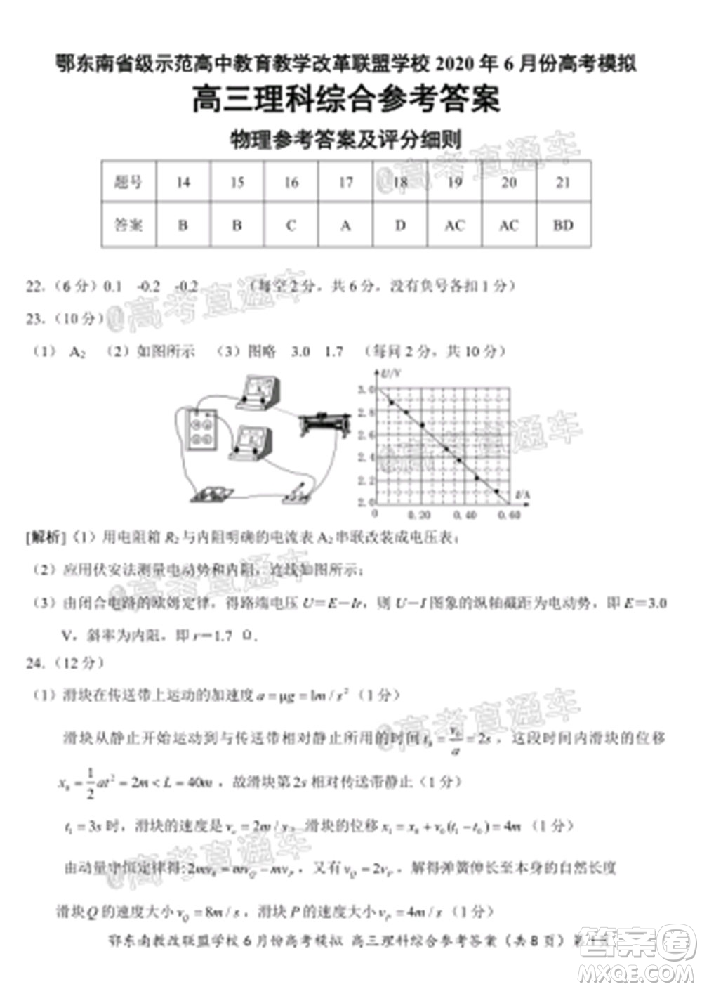 鄂東南省級示范高中教育教學改革聯(lián)盟學校2020年6月份高考模擬高三理科綜合試題及答案