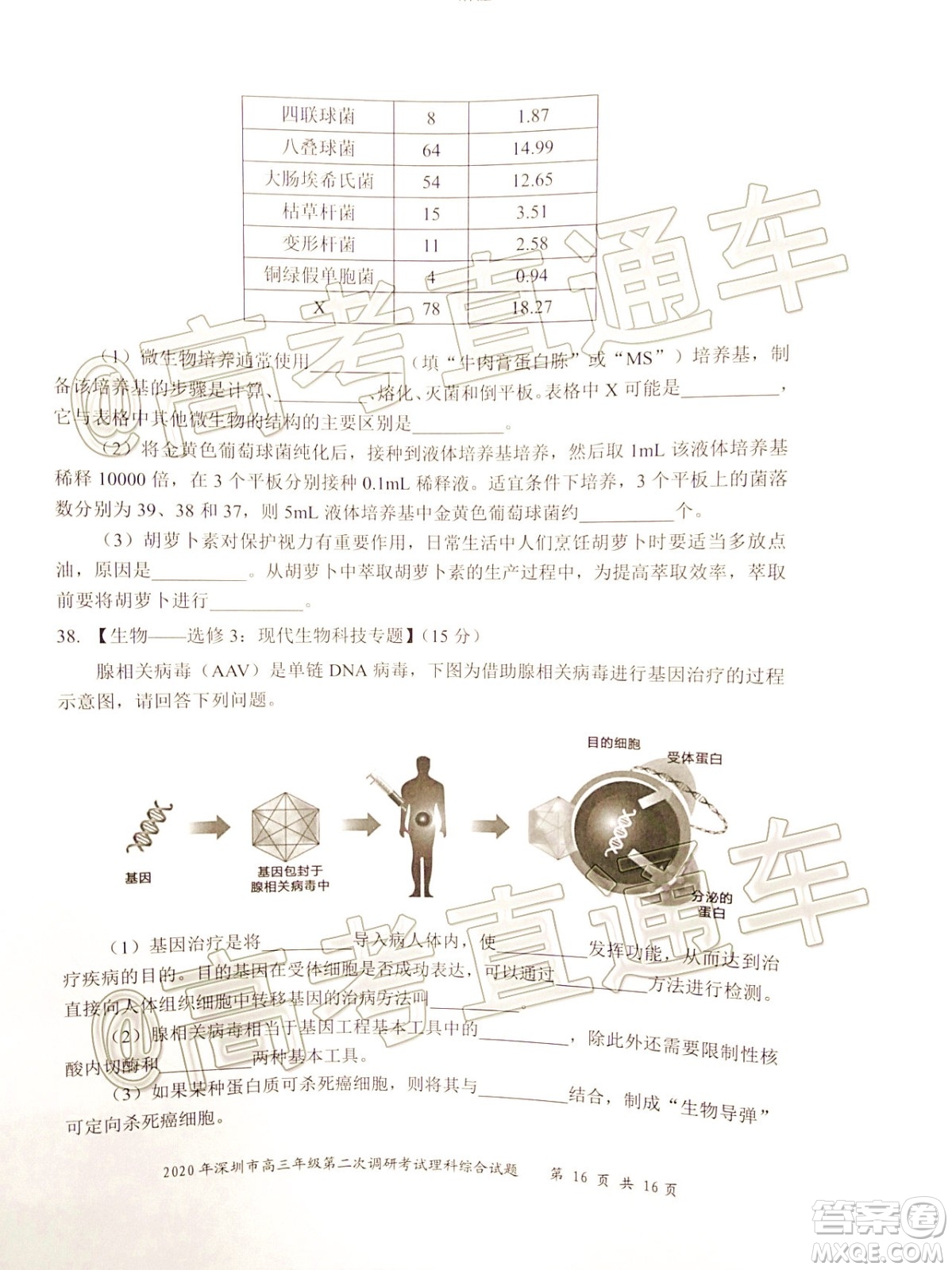 2020年深圳市高三年級第二次調研考試理科綜合試題及答案