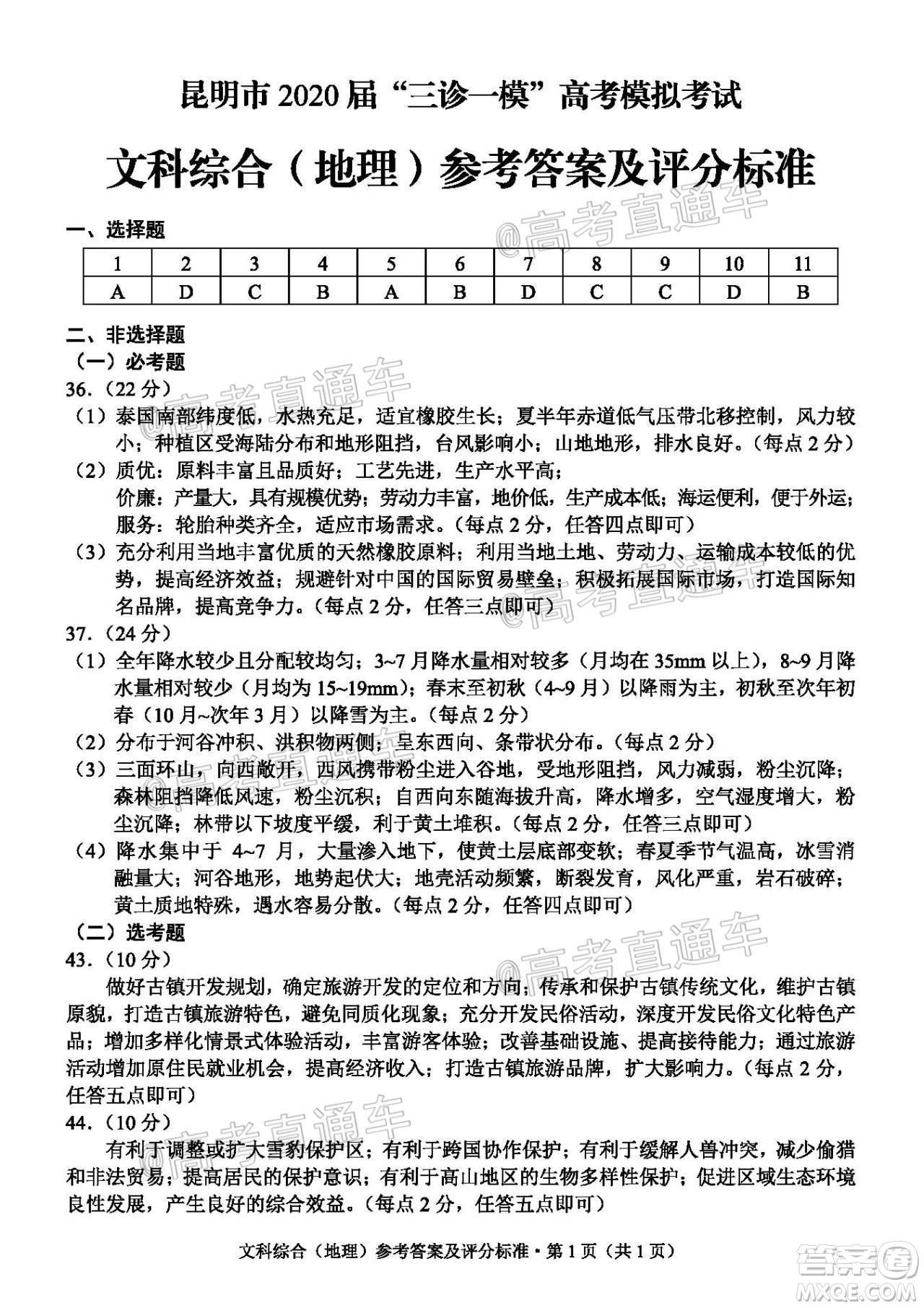 昆明市2020屆三診一模高考模擬考試文科綜合試題及答案