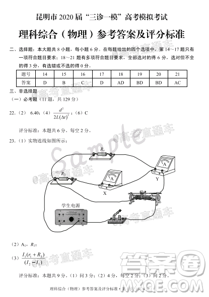 昆明市2020屆三診一模高考模擬考試?yán)砜凭C合試題及答案