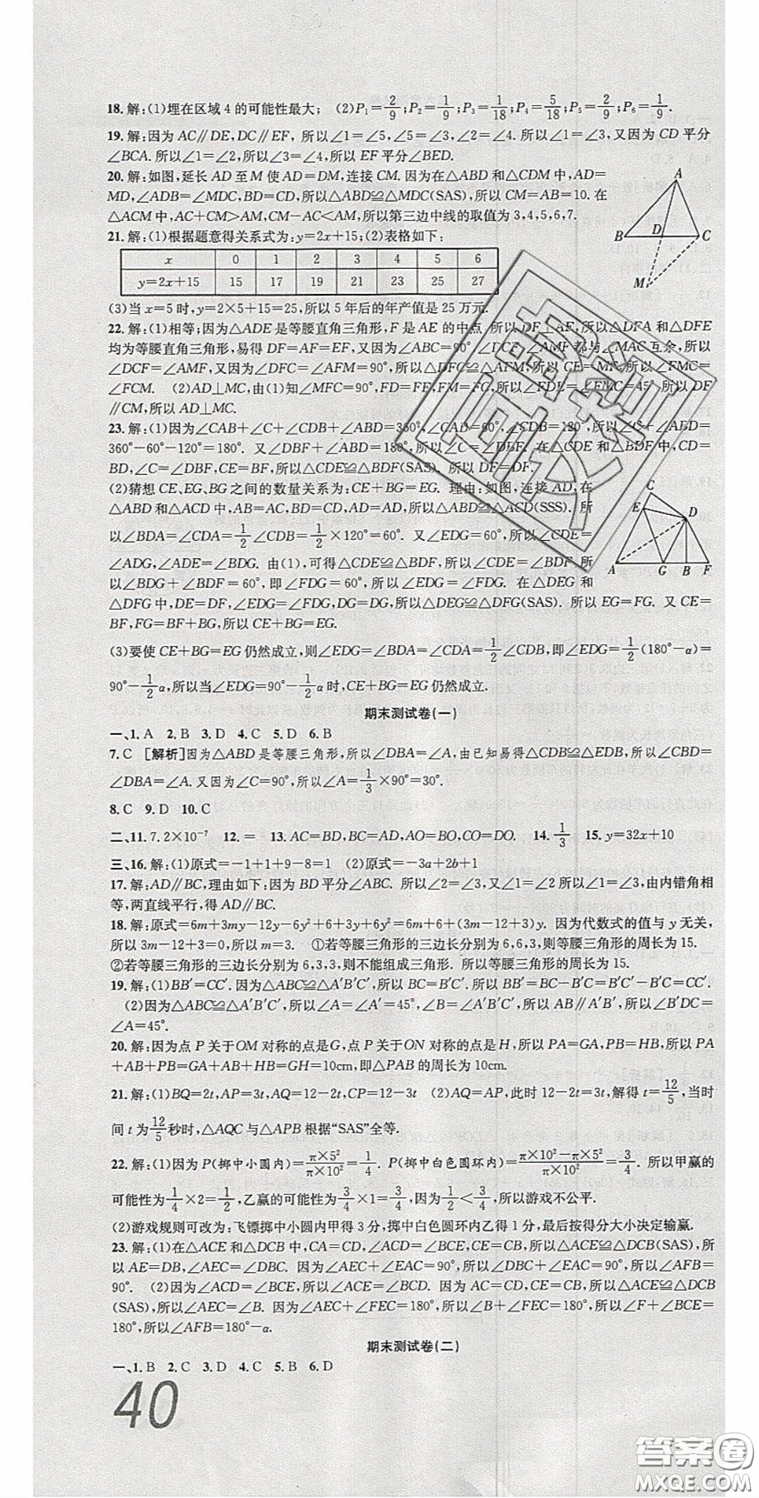 2020年高分裝備復(fù)習(xí)與測(cè)試七年級(jí)數(shù)學(xué)下冊(cè)北師大版答案