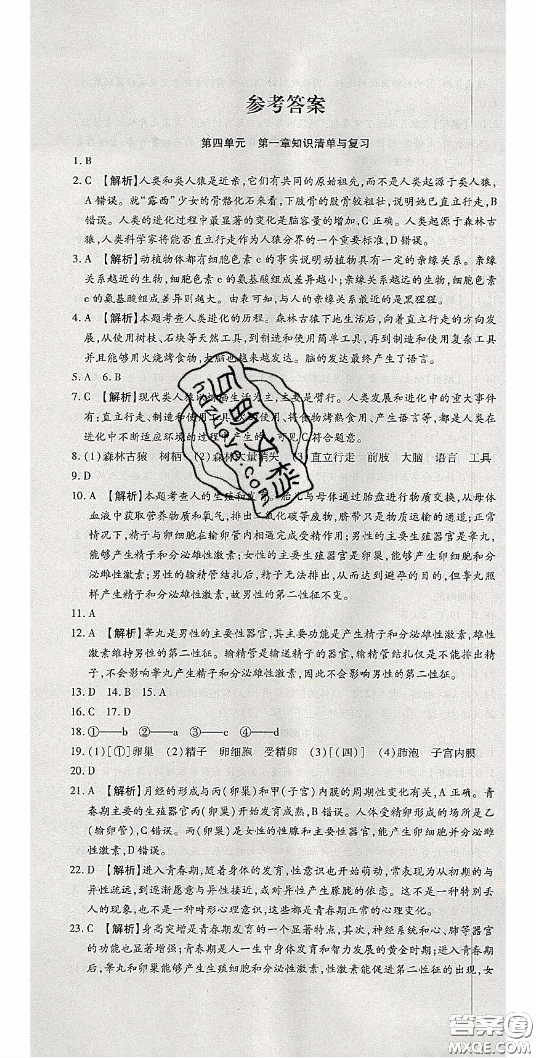 2020年高分裝備復(fù)習(xí)與測(cè)試七年級(jí)生物學(xué)下冊(cè)人教A版答案