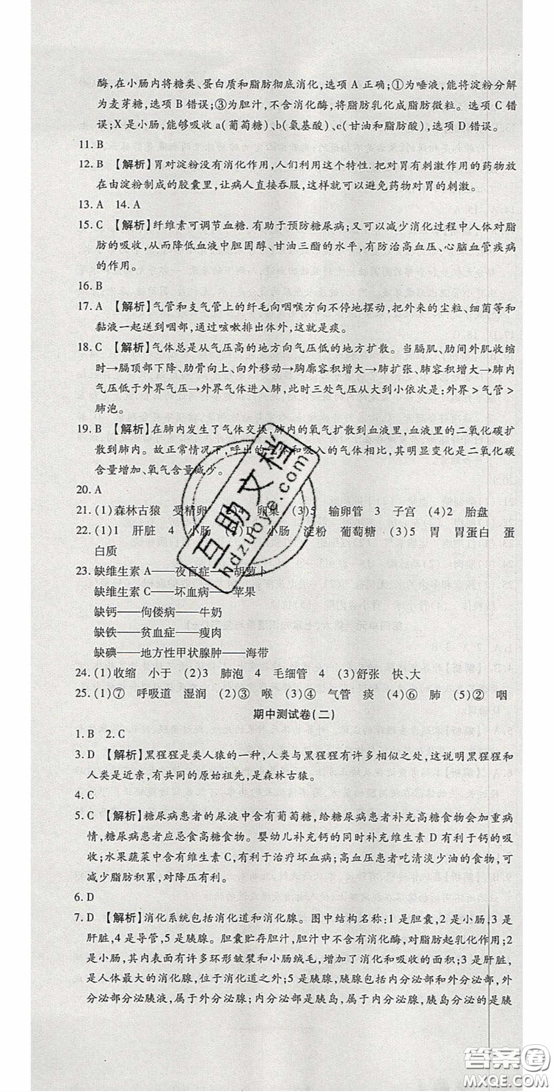 2020年高分裝備復(fù)習(xí)與測(cè)試七年級(jí)生物學(xué)下冊(cè)人教A版答案