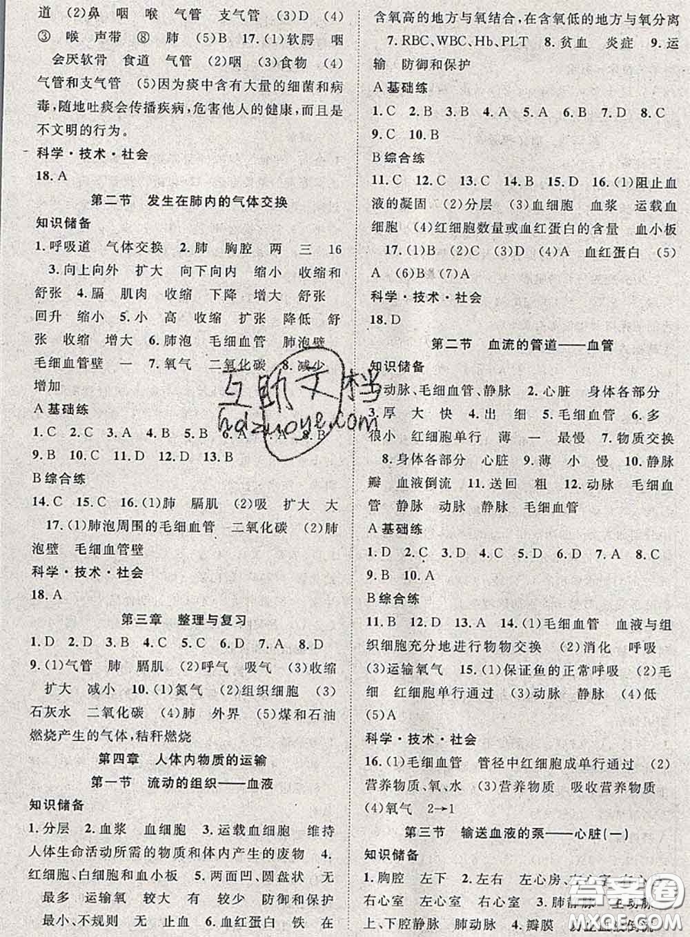 2020春優(yōu)質(zhì)課堂導(dǎo)學(xué)案七年級(jí)生物下冊(cè)人教版答案