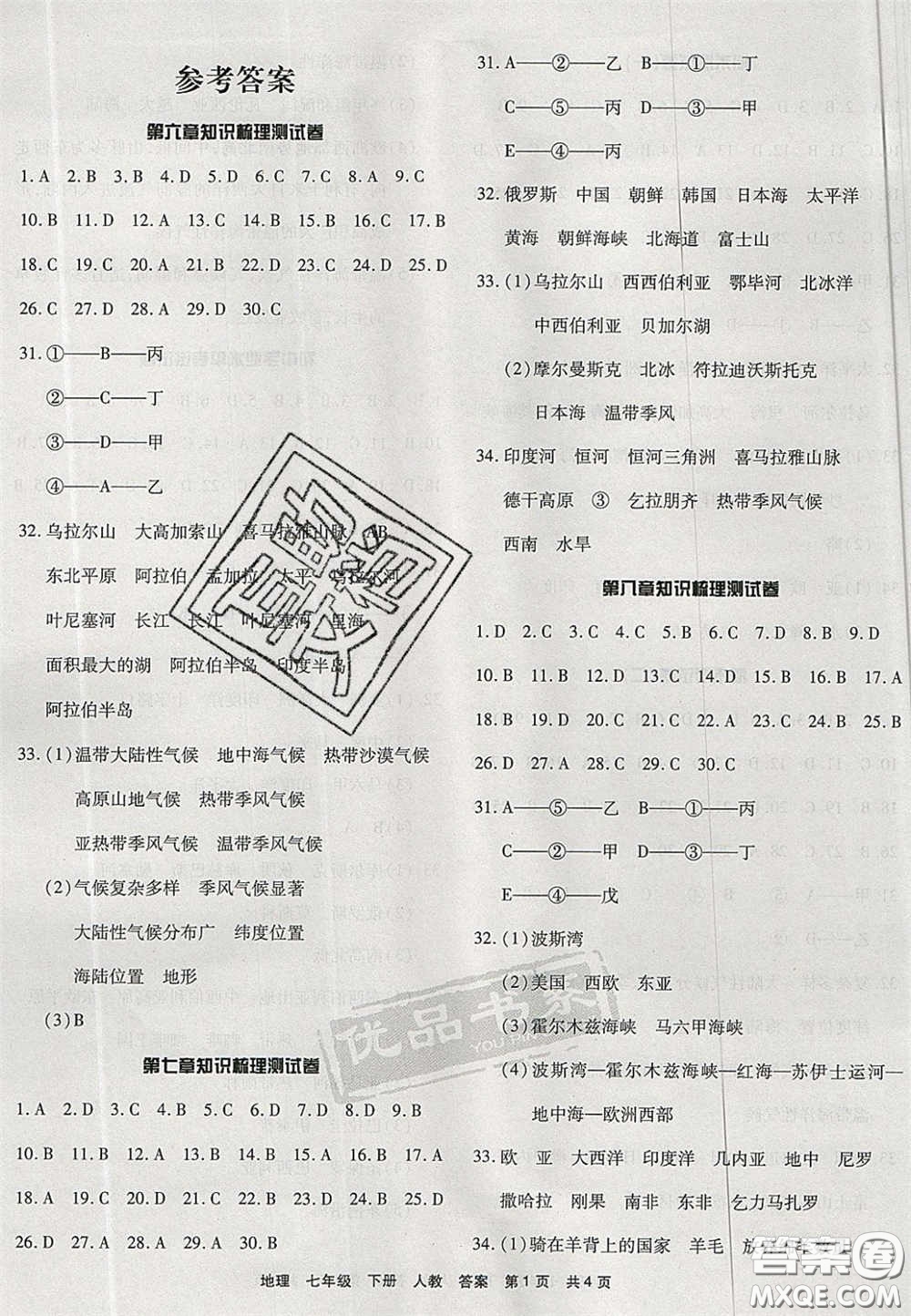 陽光出版社2020年優(yōu)品單元與期末七年級地理下冊人教版答案