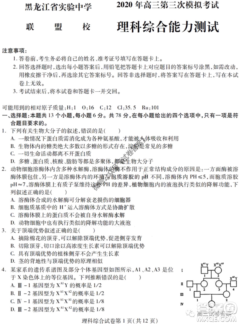 黑龍江省實(shí)驗(yàn)中學(xué)2020年第三次模擬考試?yán)砜凭C合試題及答案