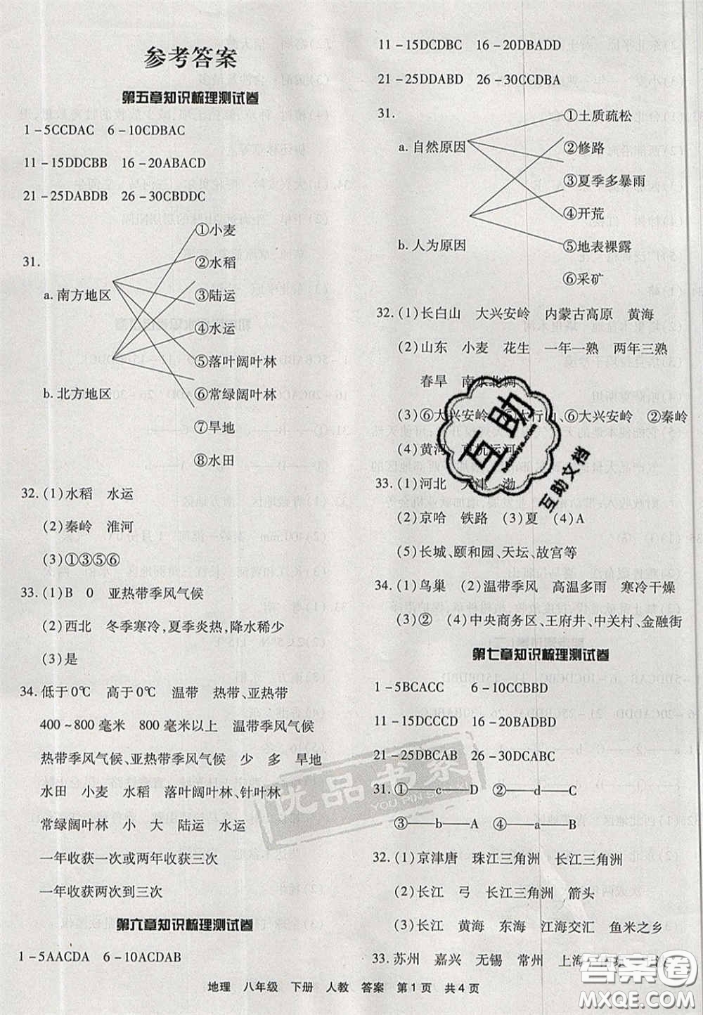 陽光出版社2020年優(yōu)品單元與期末八年級(jí)地理下冊(cè)人教版答案