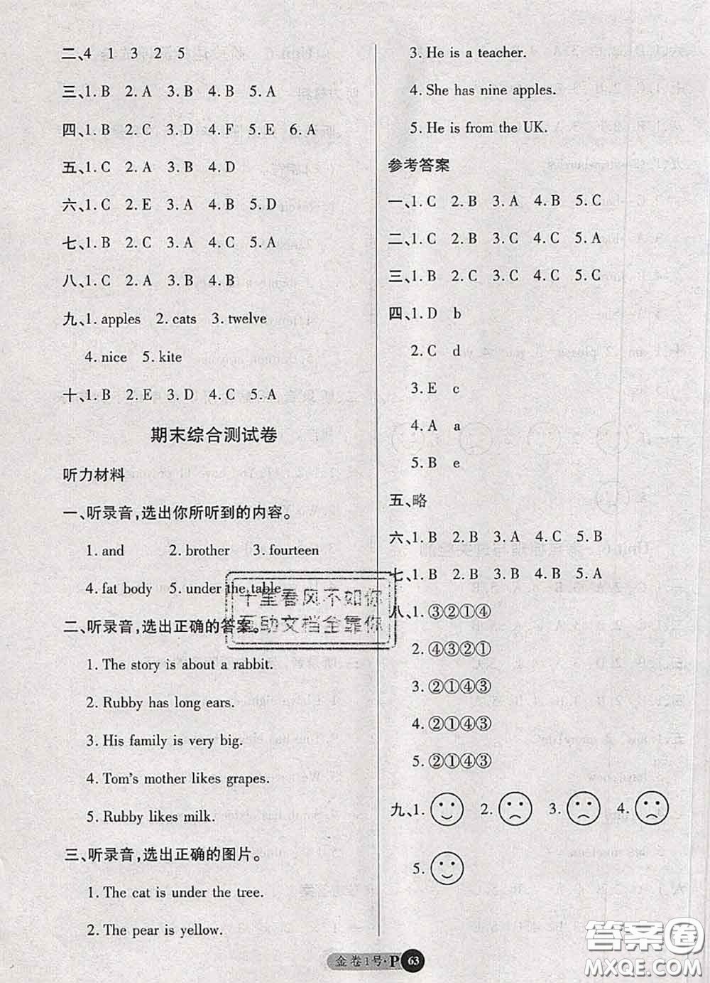 電子科技大學(xué)出版社2020新版金卷1號三年級英語下冊人教版答案