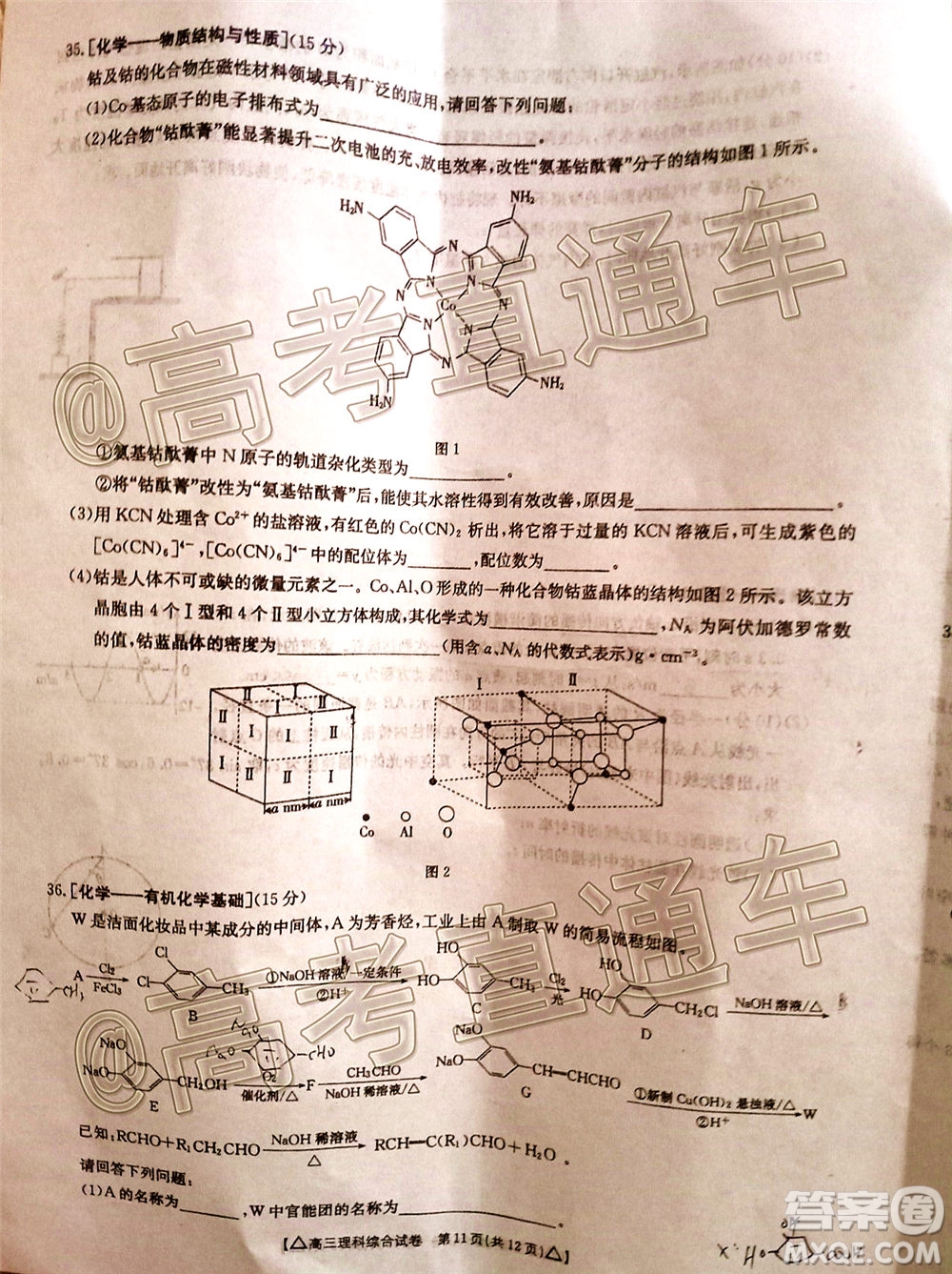 2020年金太陽(yáng)百萬(wàn)聯(lián)考全國(guó)II卷三角形高三理科綜合試題及答案