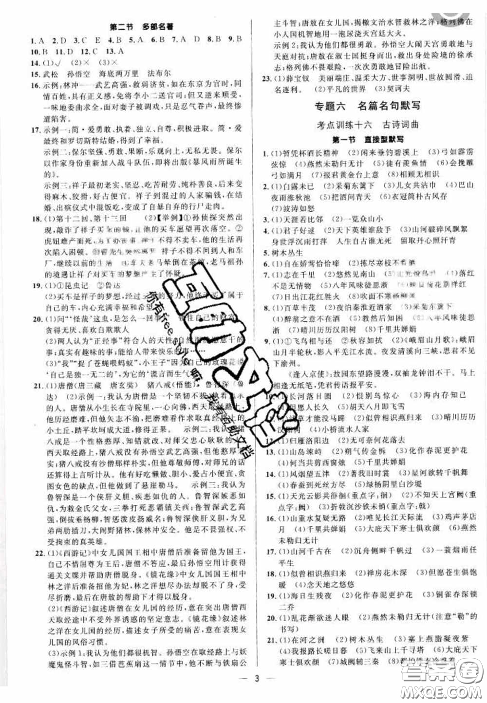 陽光出版社2020正大圖書中考真題分類卷初中語文全一冊答案