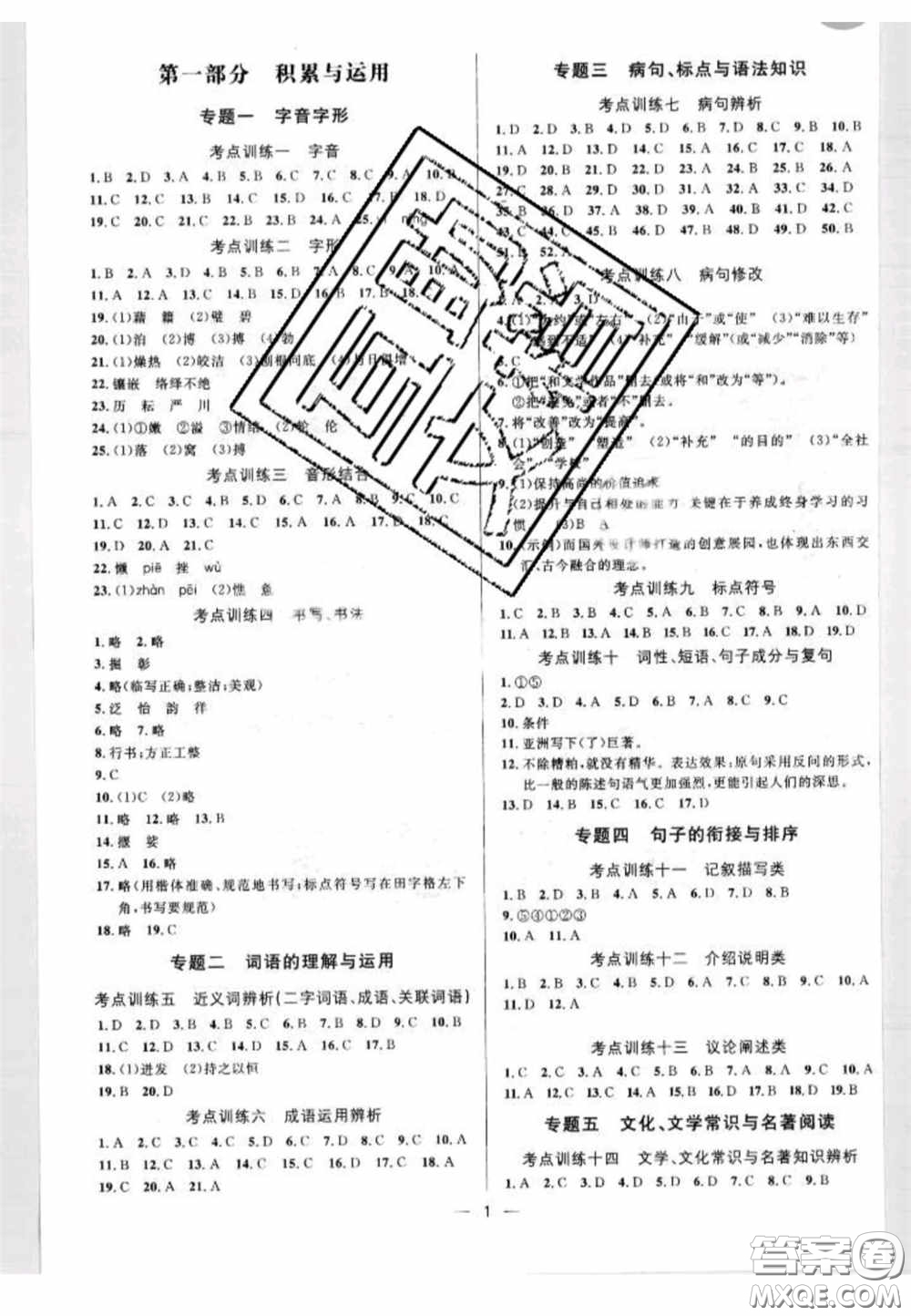 陽光出版社2020正大圖書中考真題分類卷初中語文全一冊答案