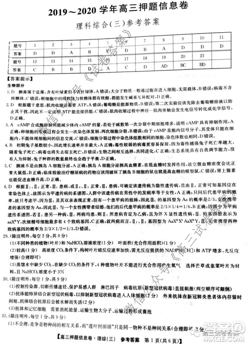 九師聯(lián)盟2019-2020學(xué)年高三押題信息卷三理科綜合答案