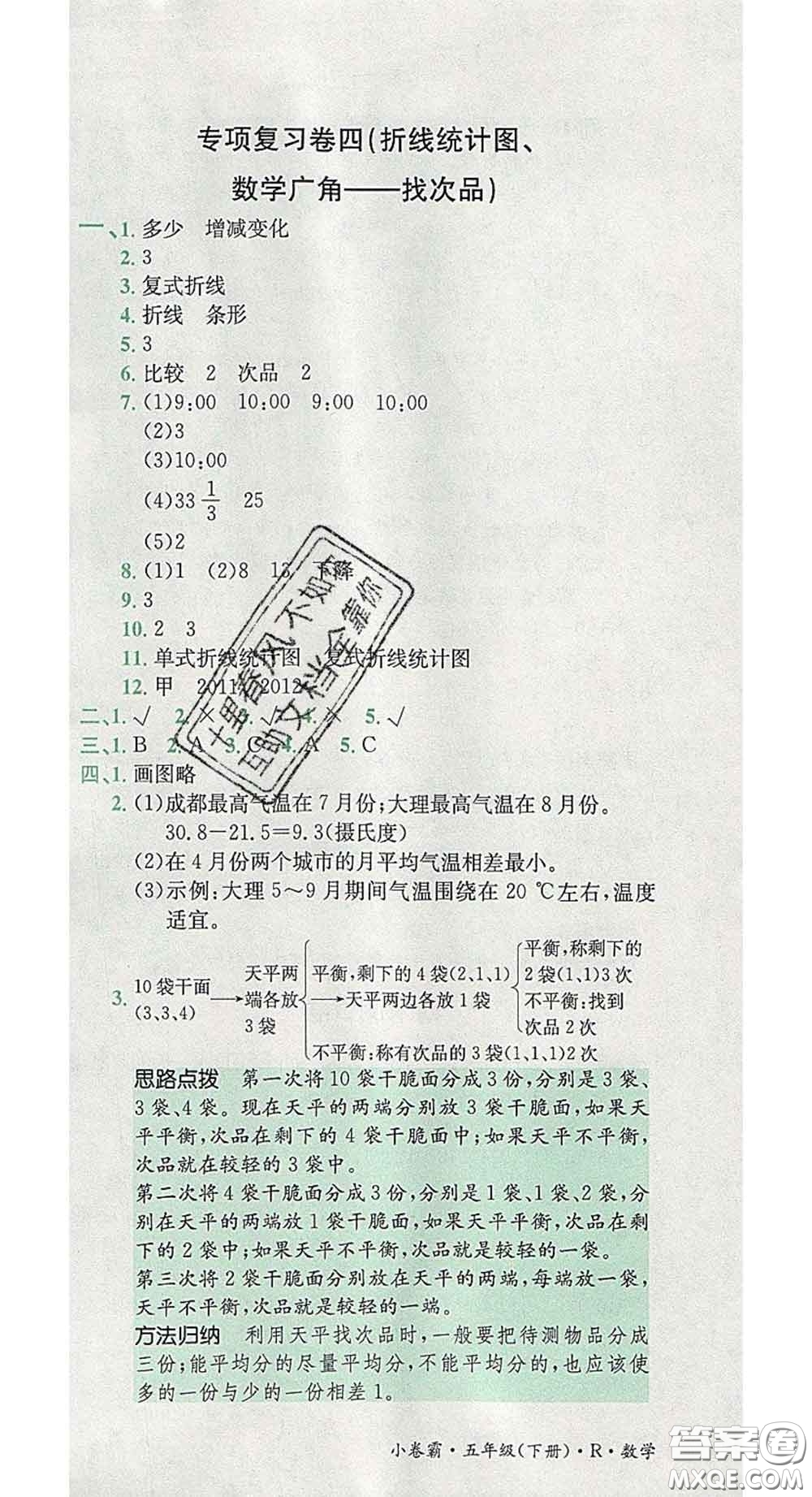 江西高校出版社2020春小卷霸五年級(jí)數(shù)學(xué)下冊(cè)人教版答案