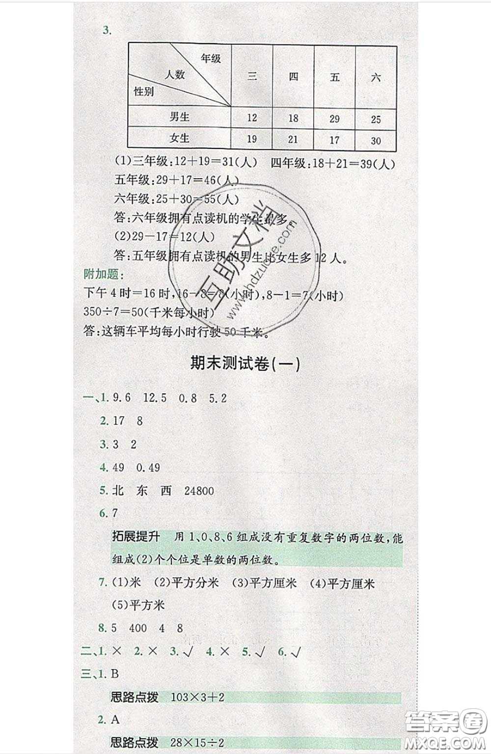 江西高校出版社2020春小卷霸三年級(jí)數(shù)學(xué)下冊(cè)人教版答案