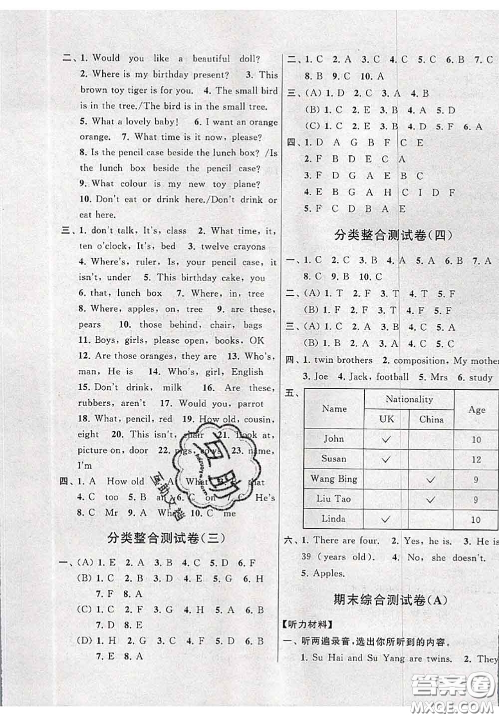 新世紀(jì)出版社2020年亮點(diǎn)給力大試卷三年級(jí)英語(yǔ)下冊(cè)江蘇版答案