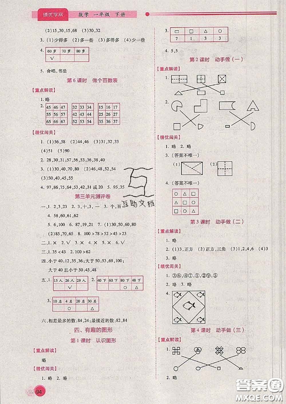 陜西師范大學(xué)出版社2020春績(jī)優(yōu)學(xué)案一年級(jí)數(shù)學(xué)下冊(cè)人教版答案