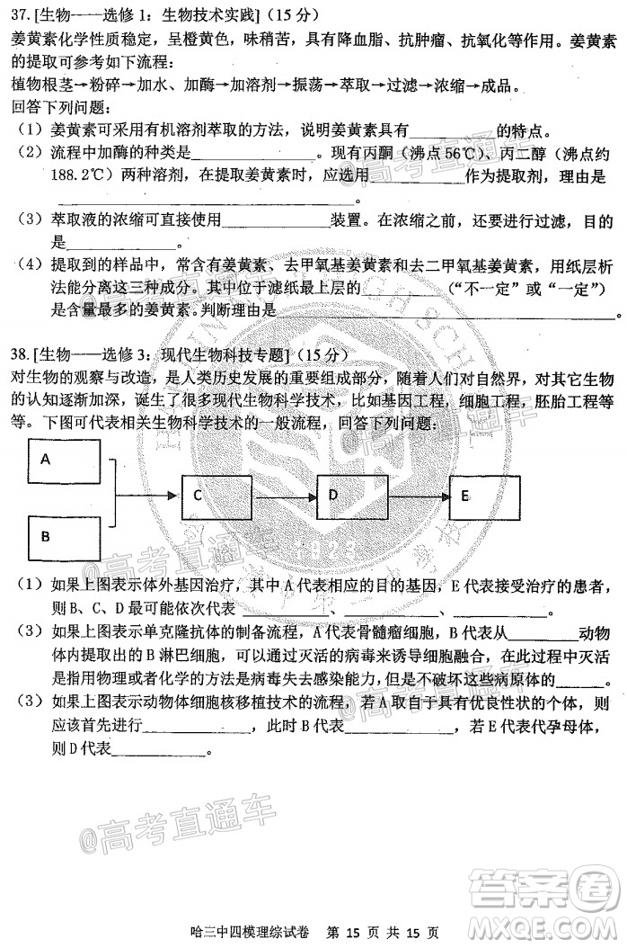 2020年哈三中高三學(xué)年第四次模擬考試?yán)砜凭C合試題及答案